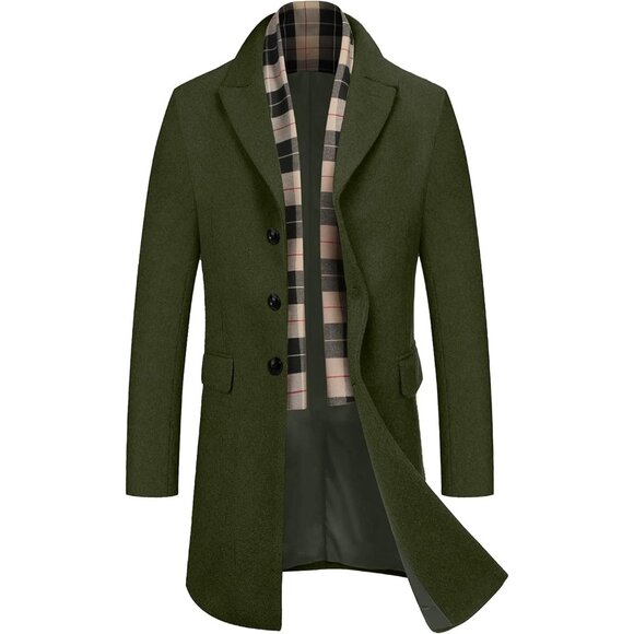 Men's Wool Blend Coat Detachable Plaid Scarf Notched Collar Pea Coat Army Green